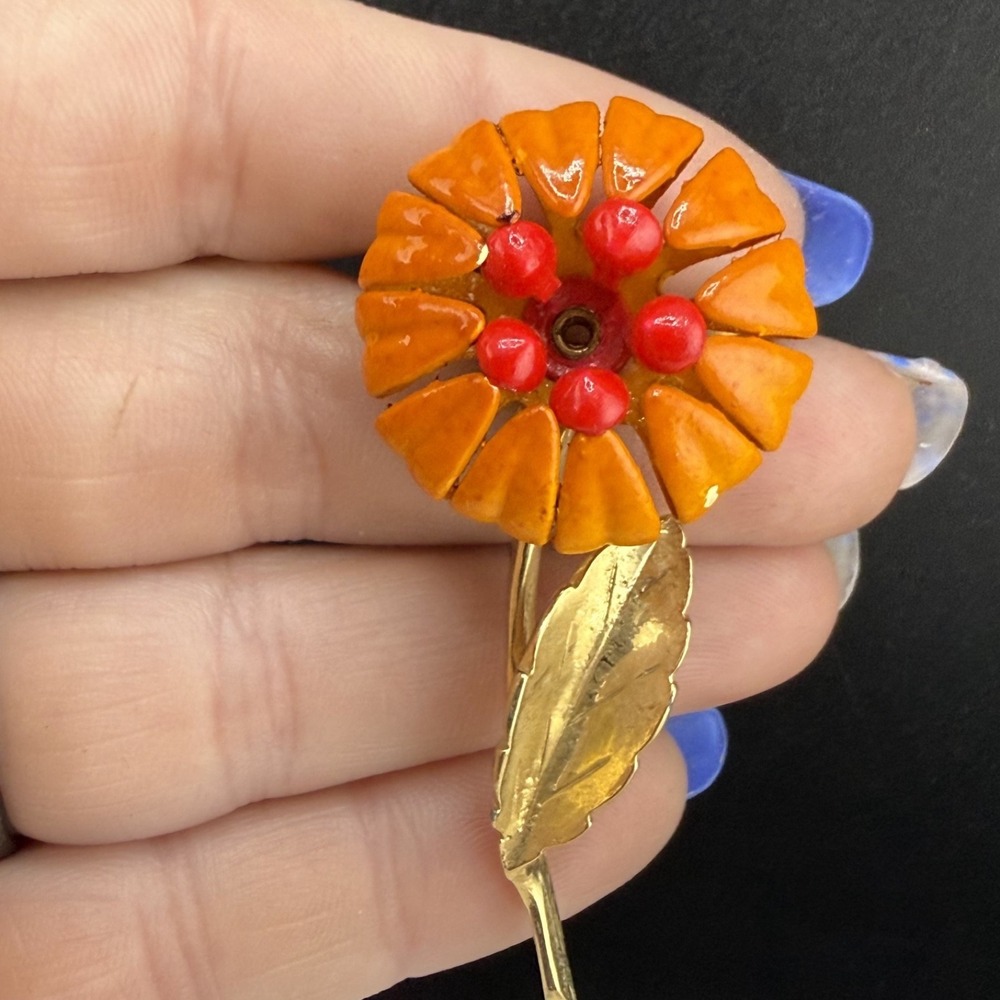 Vintage Enamel Flower Brooch Orange MCM Mod 2"